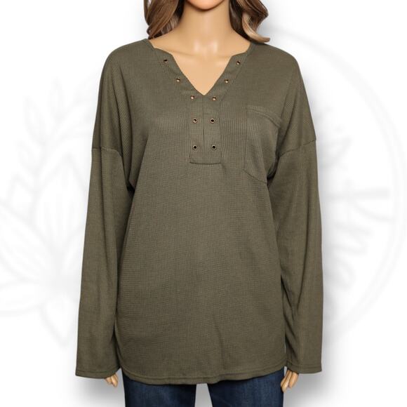 Anna Kaci Olive Waffle Knit Thermal Oversized Drop Shoulder V-Neck Top Size M - Picture 3 of 11